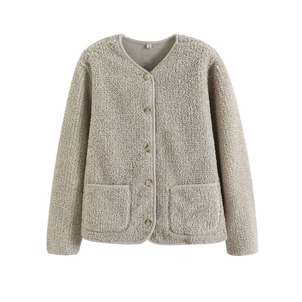Women's Fashion Fleece Round Neck Cardigan Jacket
