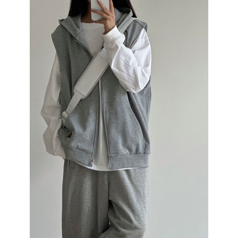 Women's Retro Grey Sleeveless Hooded Zipper Vest Top