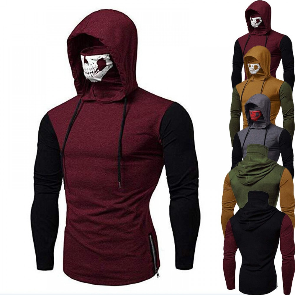 Men's Fashion Hooded High Collar Skull Stitching Long-Sleeved T-Shirt