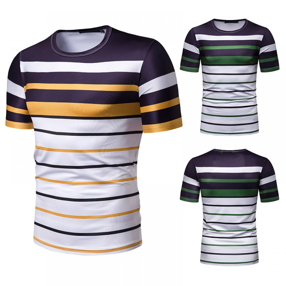 New Summer Men's Short-Sleeved T-Shirt Contrast Striped Slim-Fit Casual T-Shirt